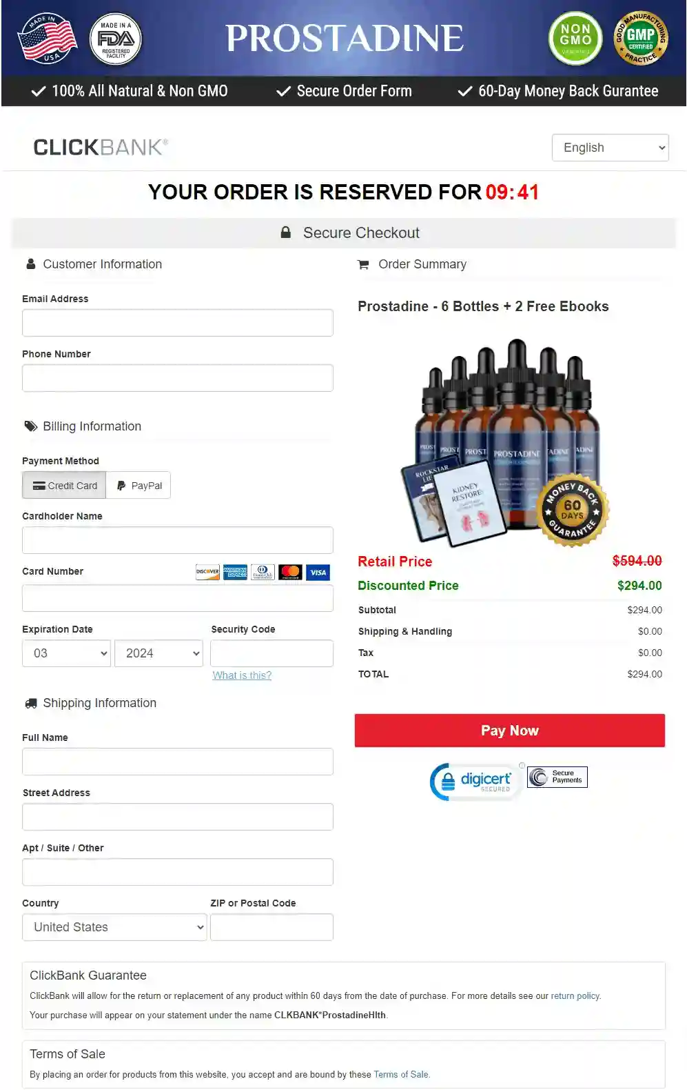 Prostadine secure checkout and order page